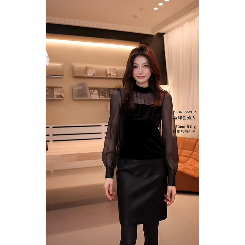 【ALONESAVOR】龍喜儿 小夜曲轻熟欧根纱拼接立领绒面小衫L670