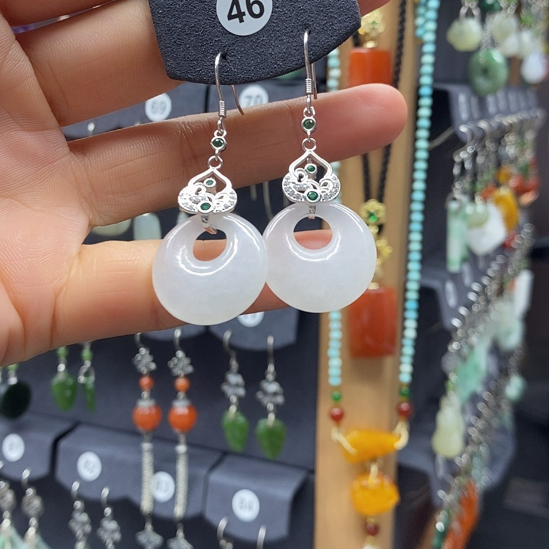 海***草和田玉银S925镶嵌耳饰