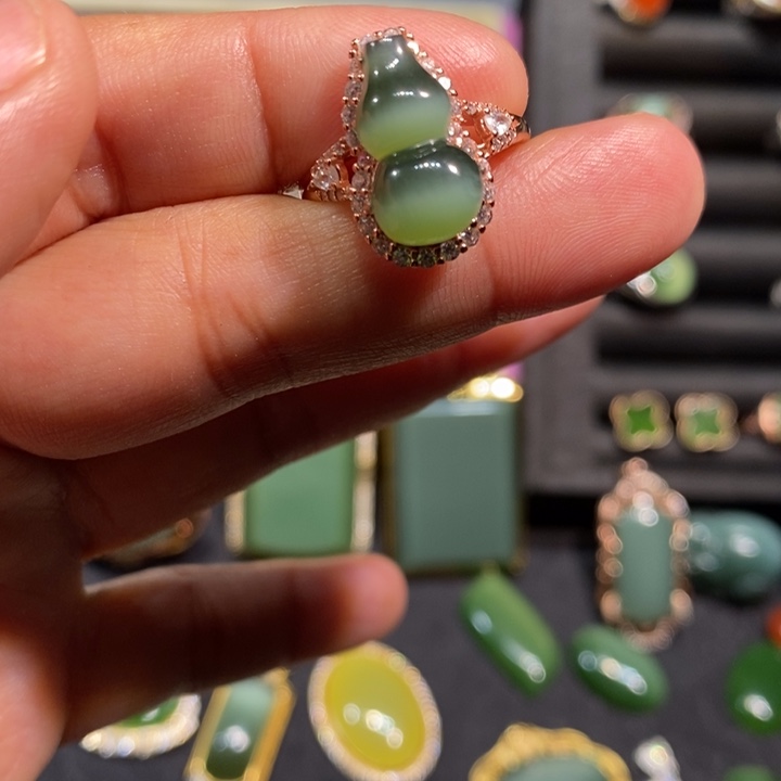 和田玉（碧玉）银S925镀金镶嵌戒指