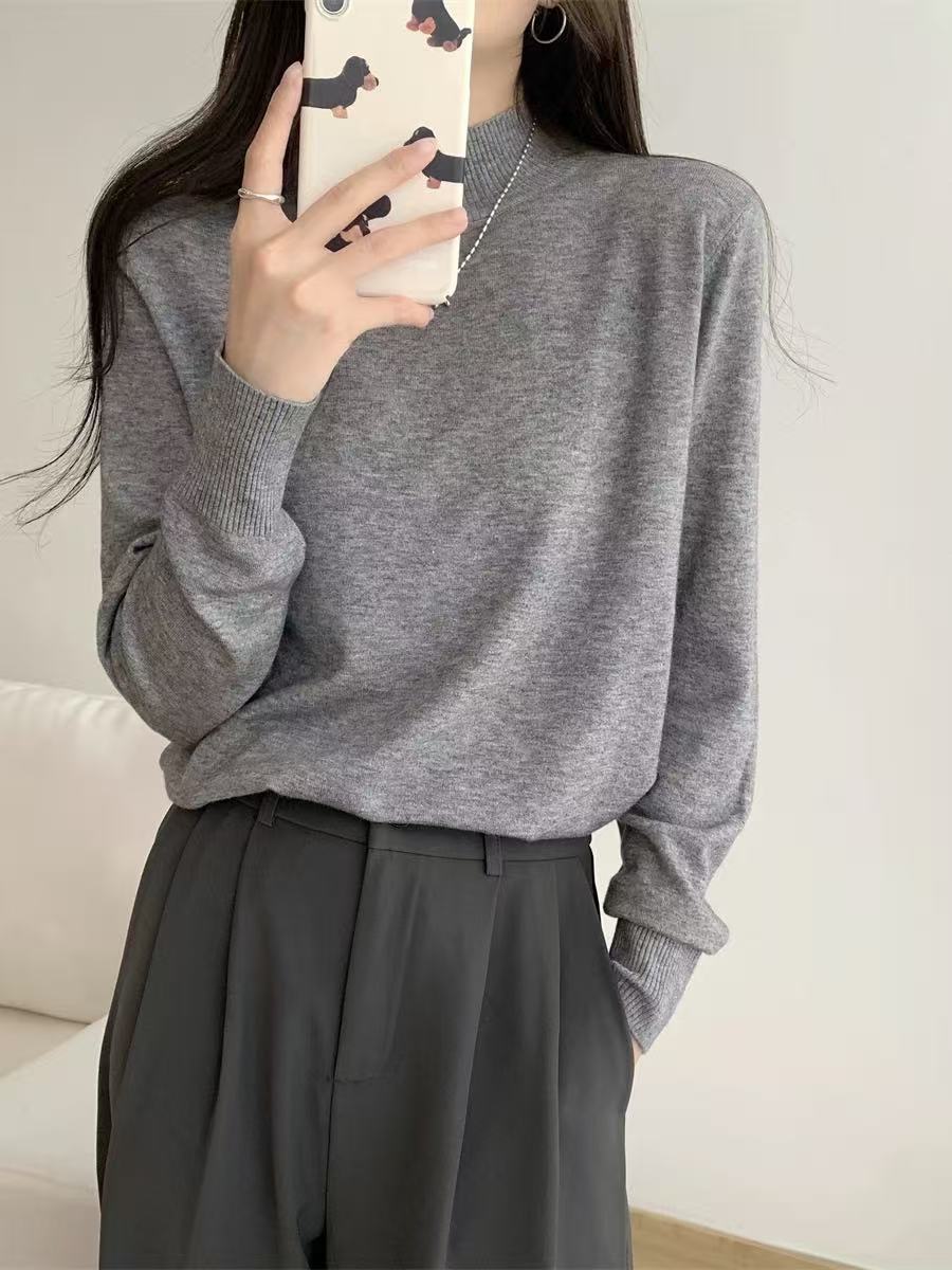 【晴姐】M1335灰色气质感长袖打底针织衫打底衫