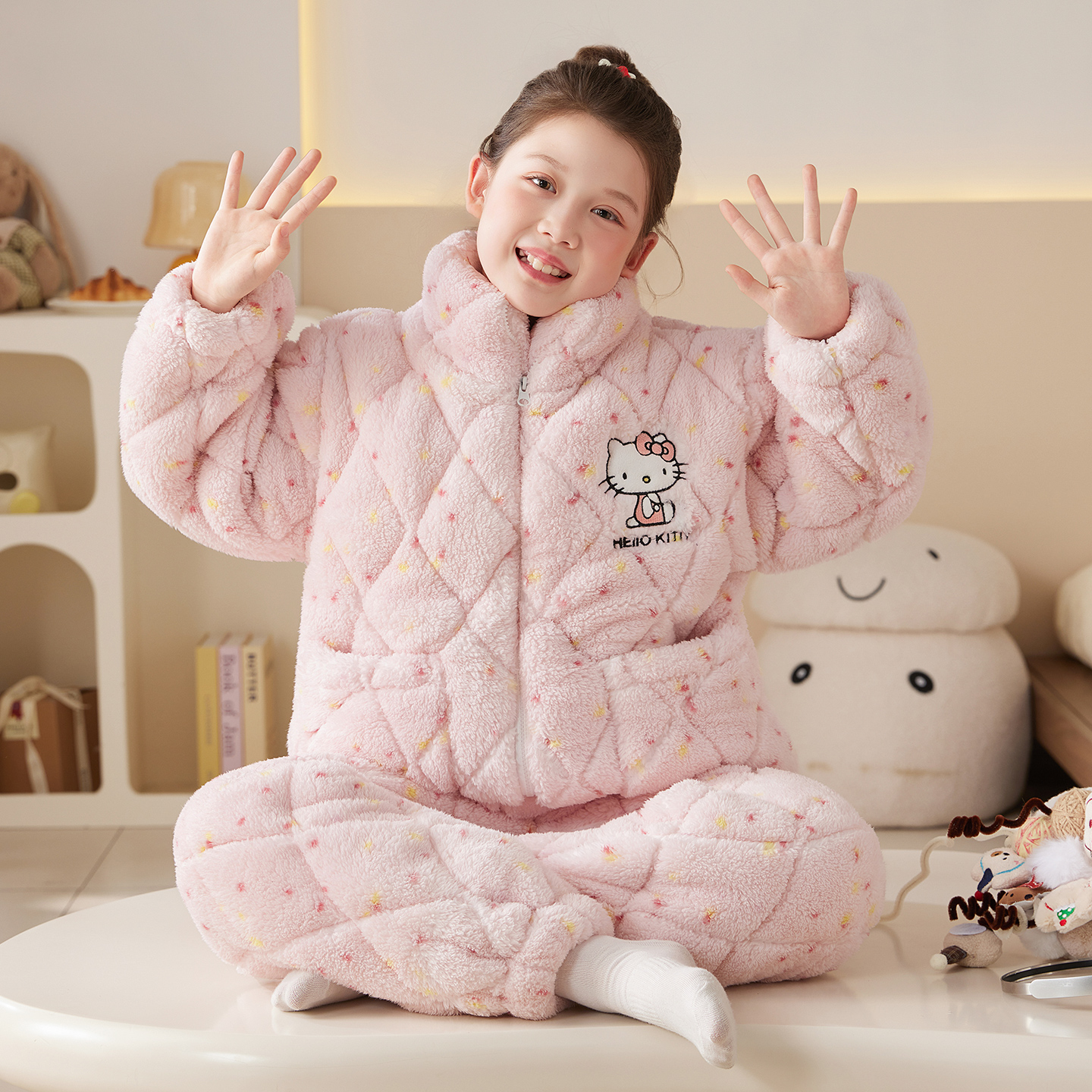 10岁女孩秋冬睡衣加绒秋冬季加厚保暖卡通凯蒂猫中大童家居服套装