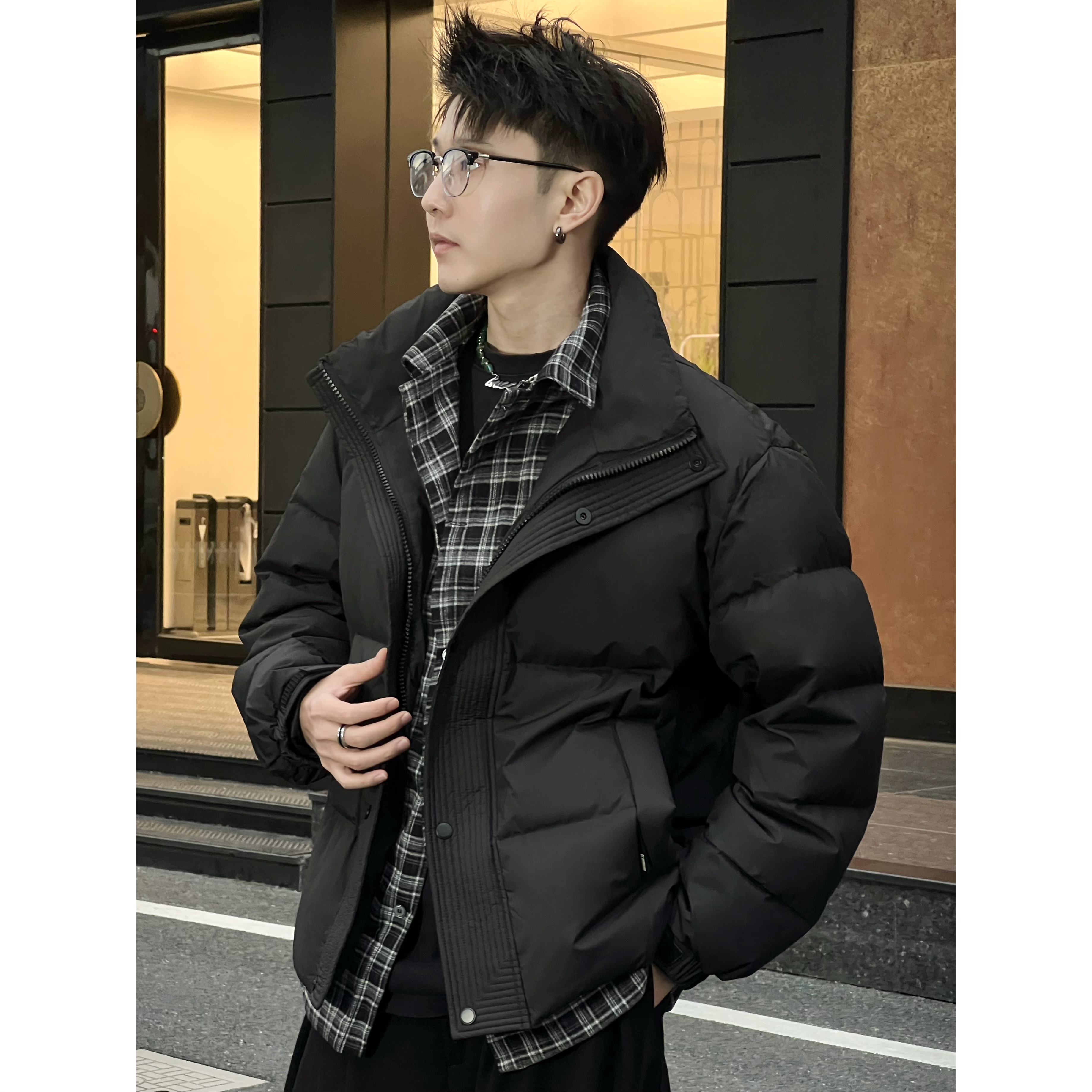 【90白鸭绒】衬衫格子假两件男士短款百搭潮流冬季羽绒服2866