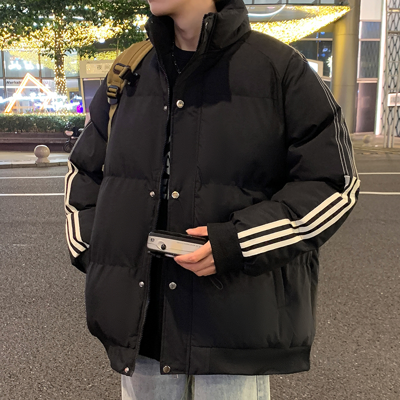 冬季新款立领加厚时尚青少年棉服宽松休闲情侣条纹撞色保暖男棉衣