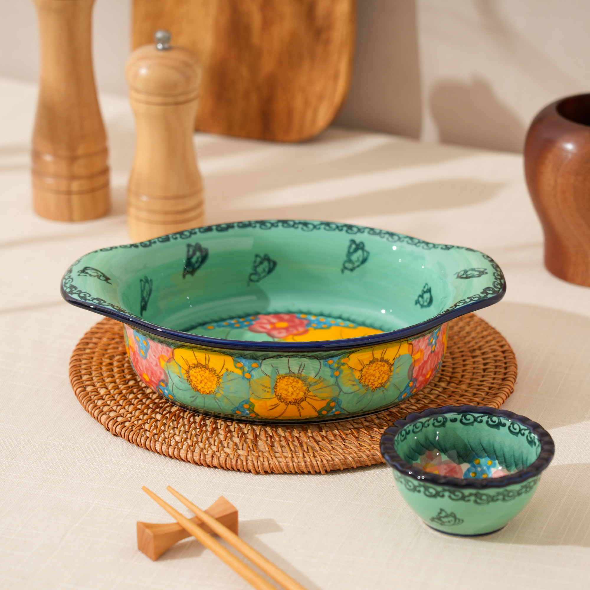 【美森专属】手绘碧海苍田-10英寸双耳椭圆碗+酱料碟