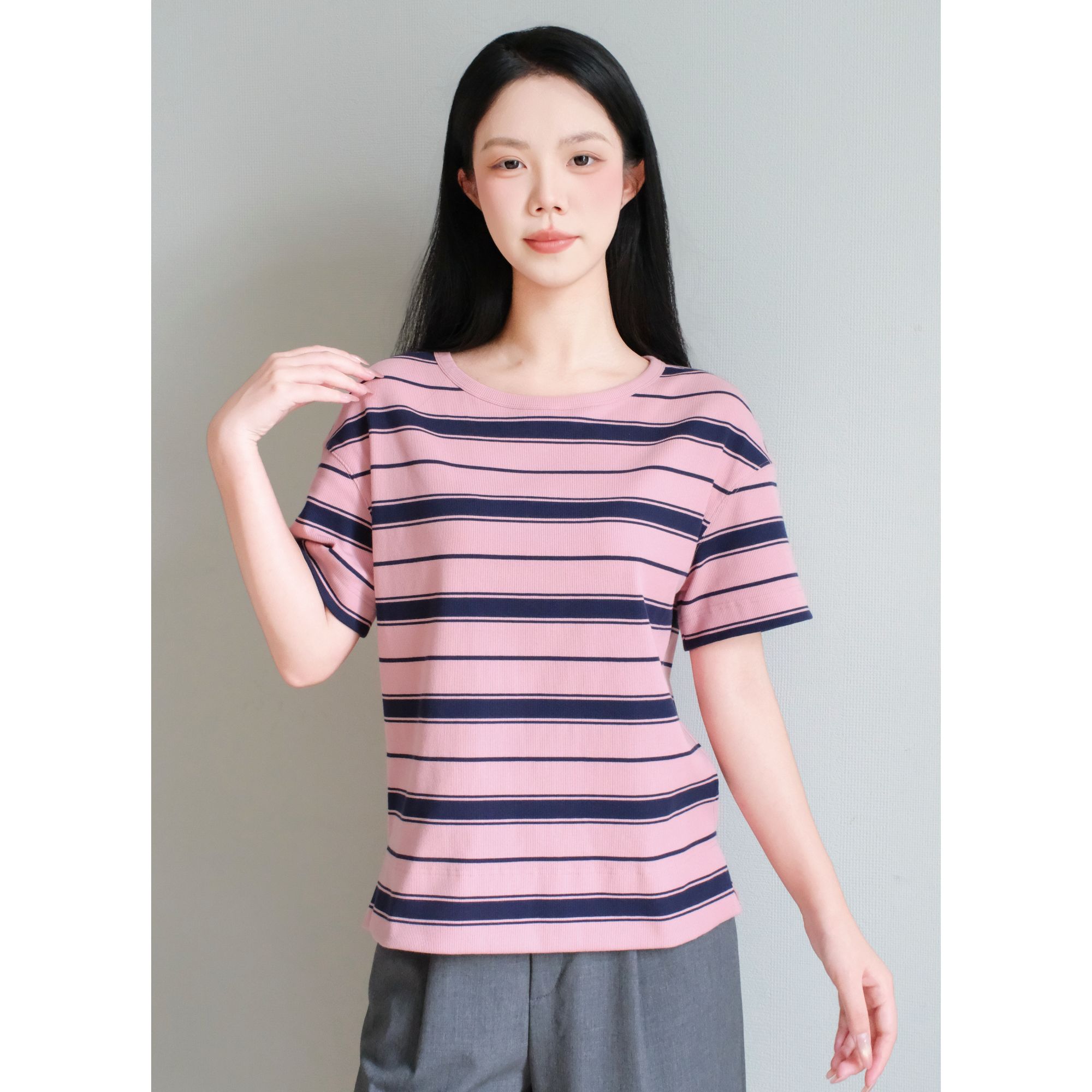 GIRDEAR/哥弟时尚休闲百搭宽松微开叉圆领条纹显瘦T恤1300788