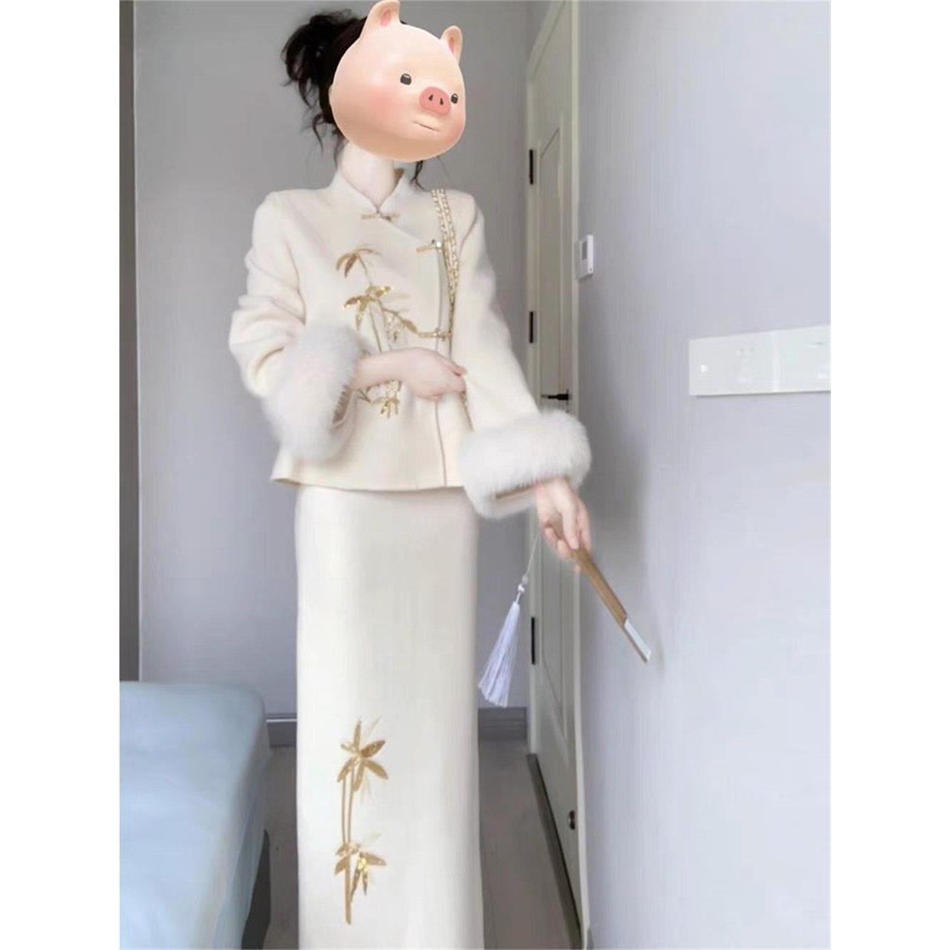 新中式国风套装裙女冬季高级感刺绣毛呢外套+高腰半身裙两件套