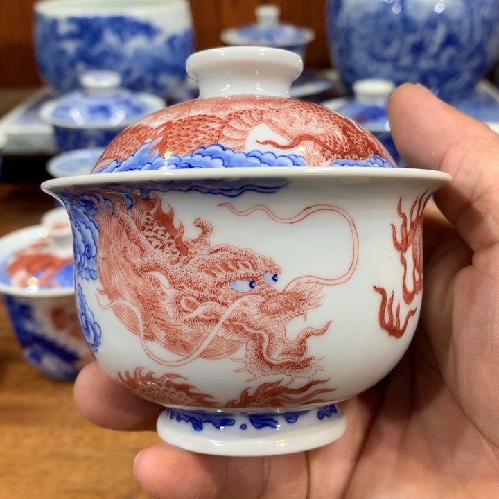 自成堂柴窑青花双龙盖碗