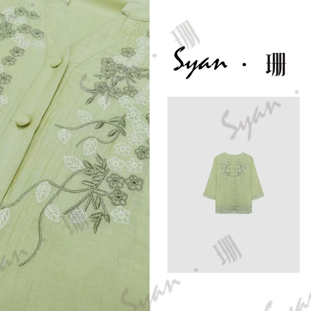 Syan【花蝶梦】夏季新款浅绿色清新高雅绣花短袖衬衫轻奢高级感T恤