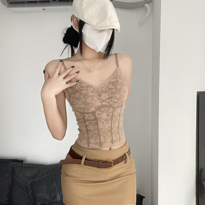 法式别致蕾丝吊带背心女西装内搭美背文胸一体打底带胸垫外穿上衣