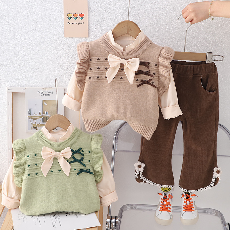 包邮Yikids女童春季童装韩款小女孩毛衣马甲春秋三件套装洋气童装