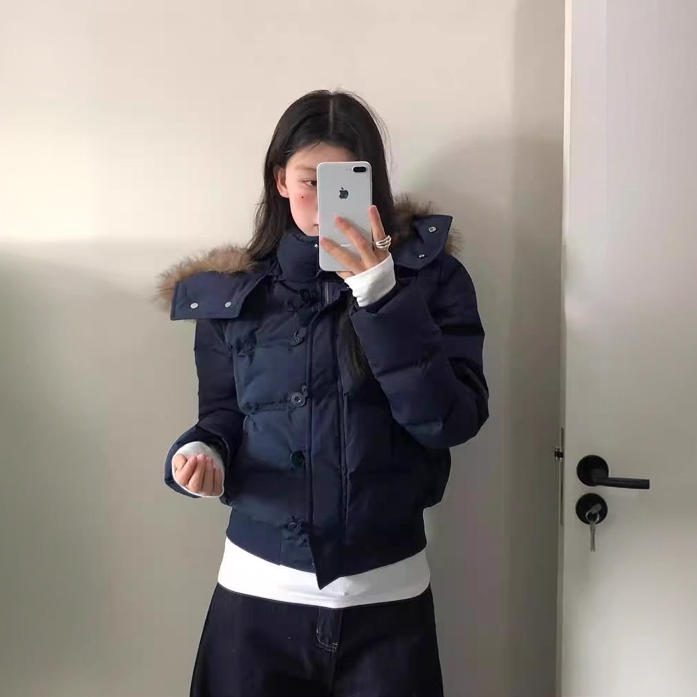 美式藏青色大毛领连帽棉服女2025年冬季新款小个子加厚短款面包服