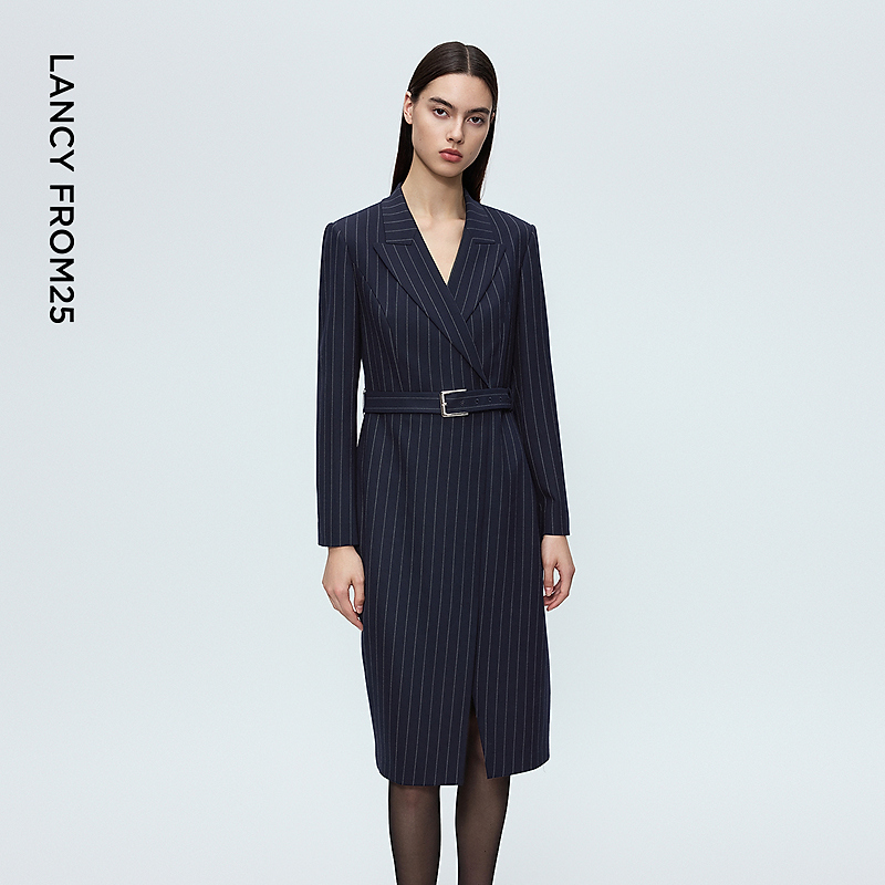 达人朗姿时尚高智感西装连衣裙女条纹绵羊毛高级裙子女2025年冬季