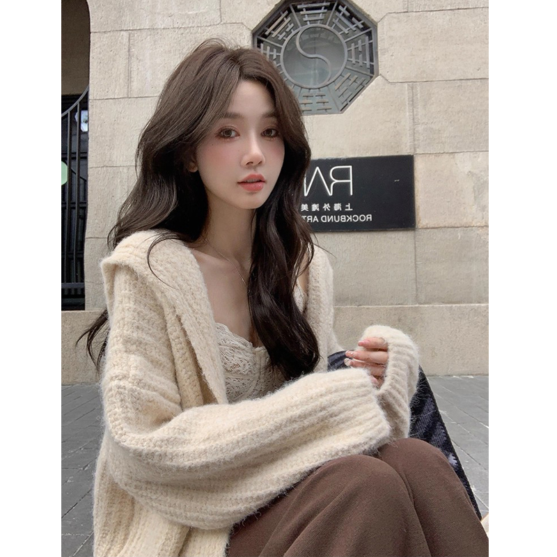 韩版百搭连帽针织开衫女秋冬宽松慵懒风氛围感加厚毛衣外套高级感