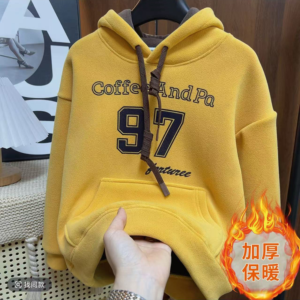儿童秋冬加厚奥粒绒数字卫衣男女童戴帽休闲上衣