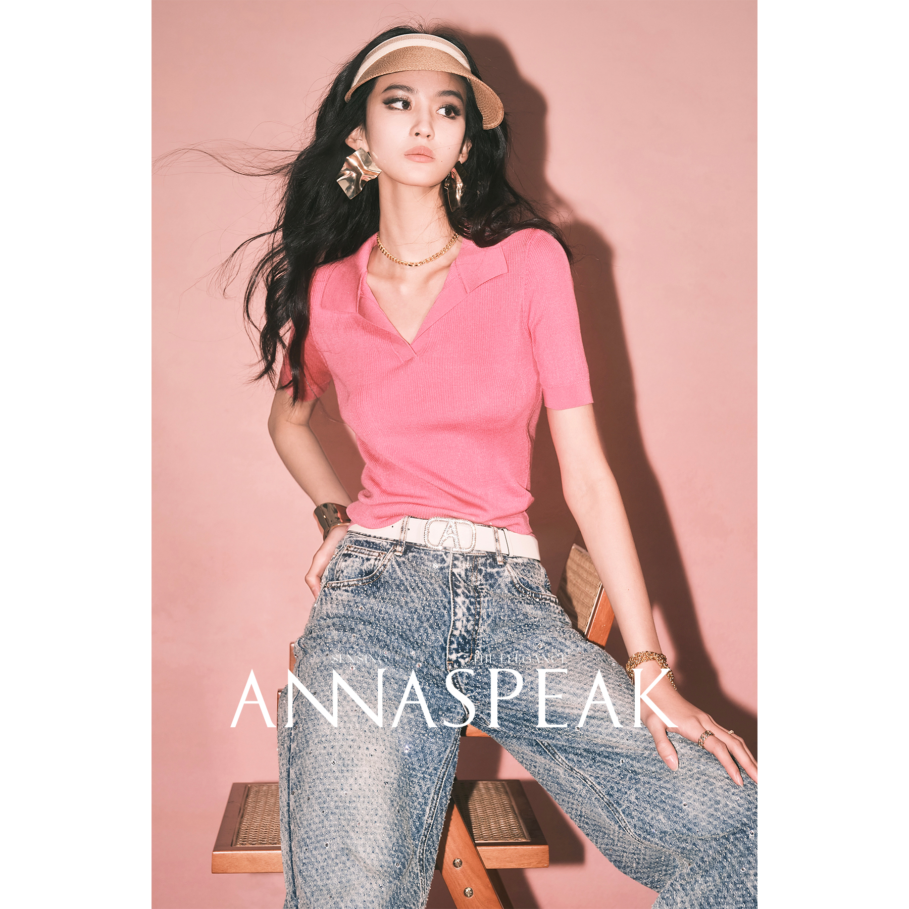 ANNASPEAK桑蚕丝醋酸莱赛尔混纺细坑条纹剪刀领百搭短袖针织上衣