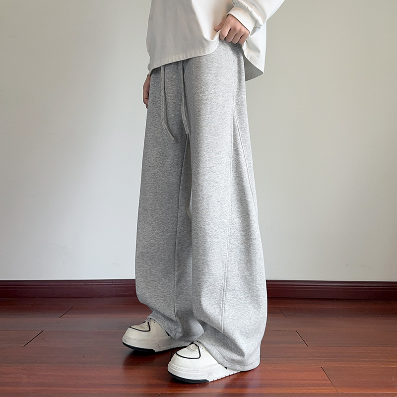 秋冬加绒加厚纯色男士弯刀裤加绒加厚大码垂感直筒阔腿裤休闲长裤