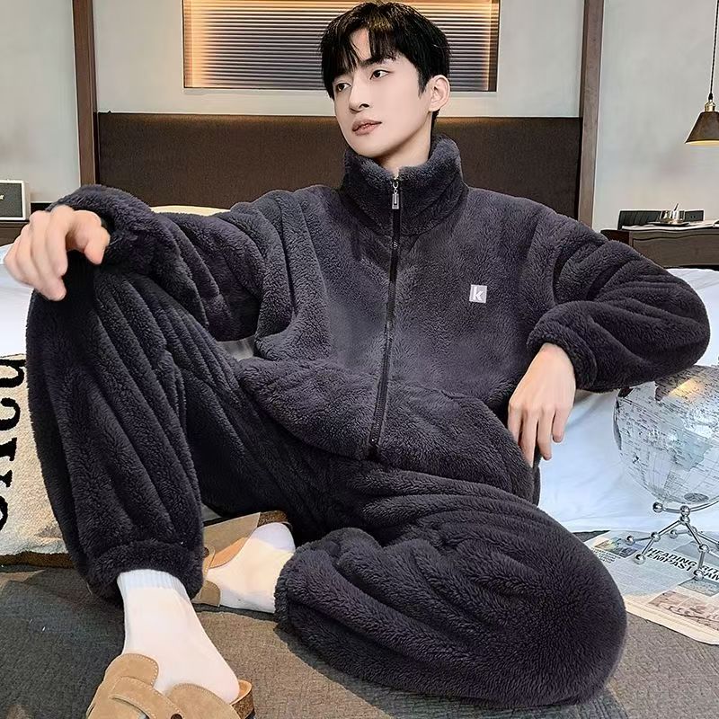 睡衣爆款冬天新款雪花绒可外穿大码宽松暖绒家居服拉链套装男款