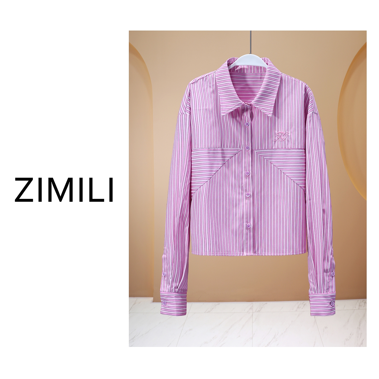 【子秋女装】2025欧版轻薄透气爽肤粉色条纹拼接刺绣衬衫6161