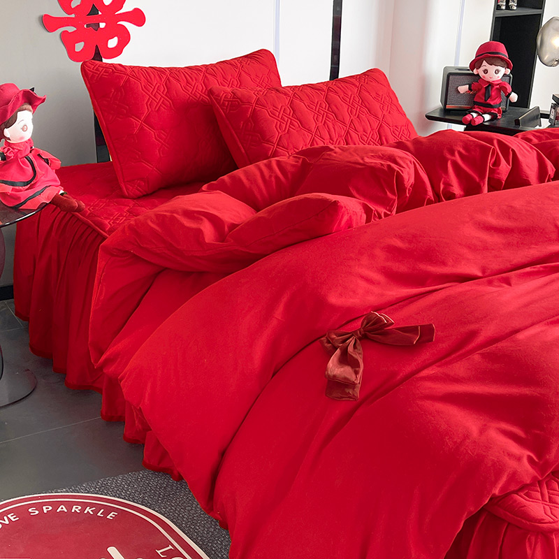 新款喜嫁全棉韩版公主风系列婚庆夹棉防滑床加厚大红加棉被套