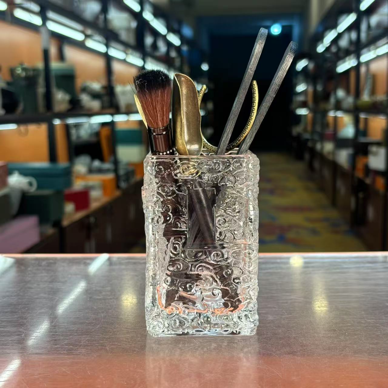 秋香茶具 水晶玻璃浮雕茶道桶+五君子桌面工具-5510