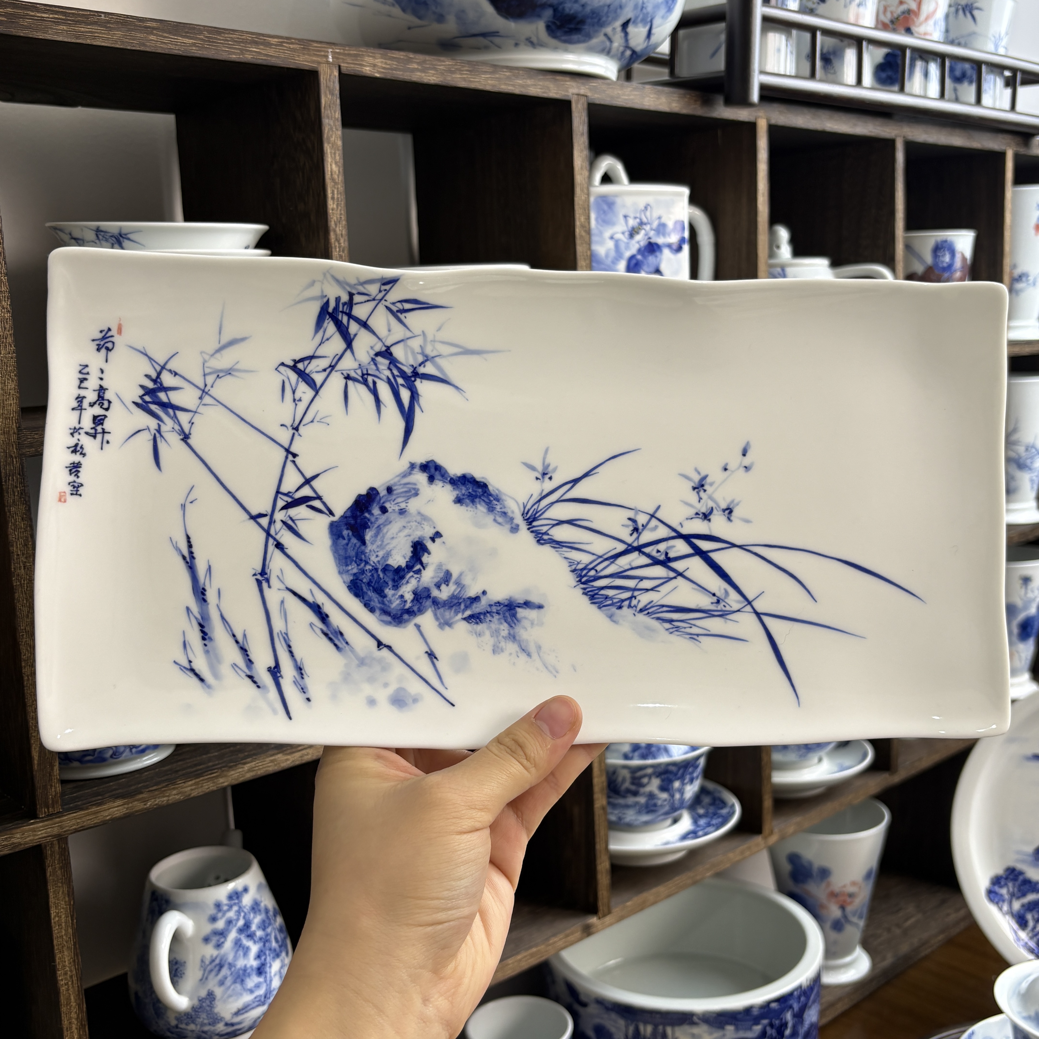 国风写意纯手绘不规则波浪形茶盘手工陶瓷家用干泡