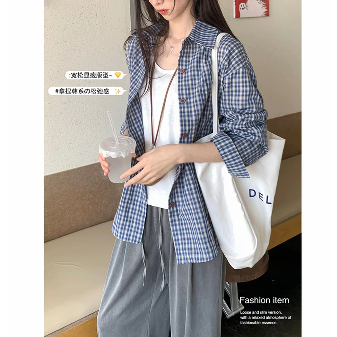 复古宽松慵懒风格子衬秋季设计感韩版休闲简约长袖外搭通勤小衫