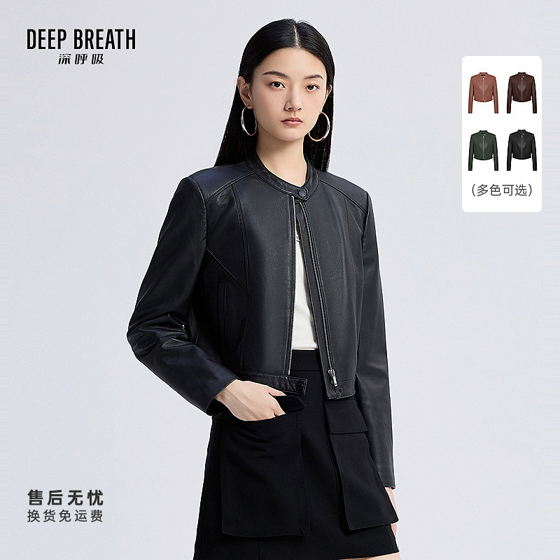 DEEP BREATH深呼吸新款立领短夹克绵羊皮革真皮皮衣外套A401424