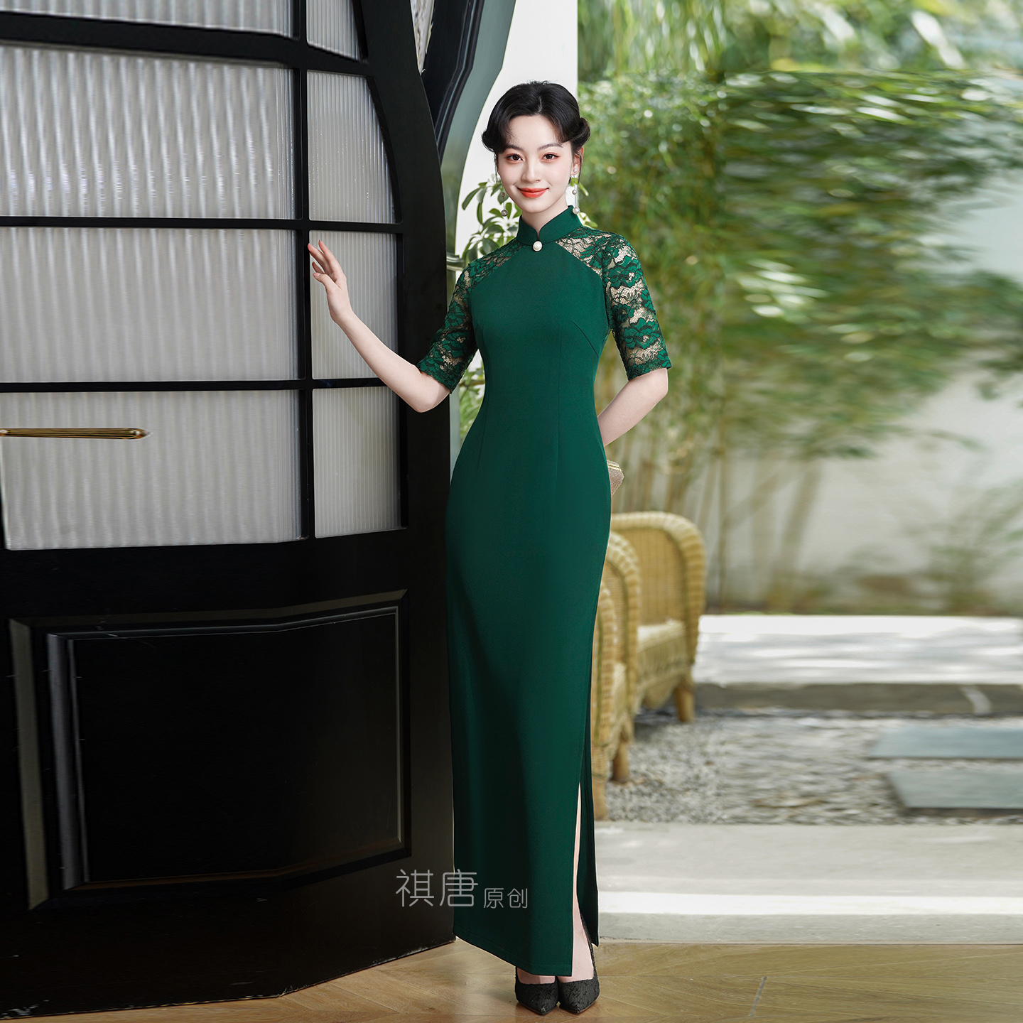 【李梅老师专属】祺唐绿色旗袍新中式高端大气蕾丝改良国风旗袍长款