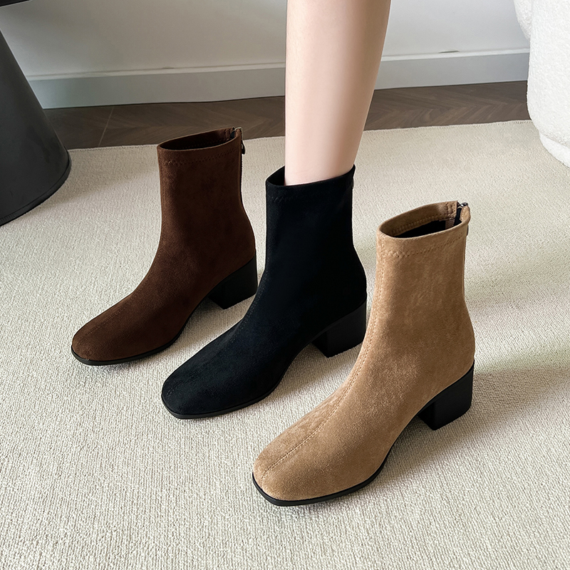 真皮马丁靴女粗跟2025新款秋冬中跟瘦瘦靴软底百搭中跟方头短靴子
