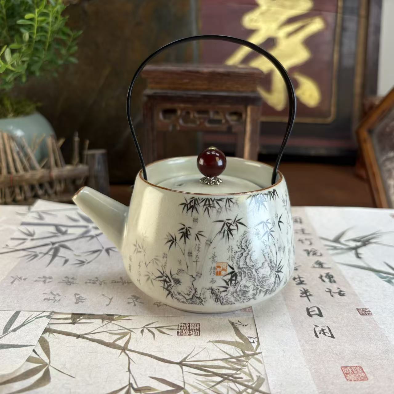 黄汝窑水墨竹提梁壶-4244-直播专享