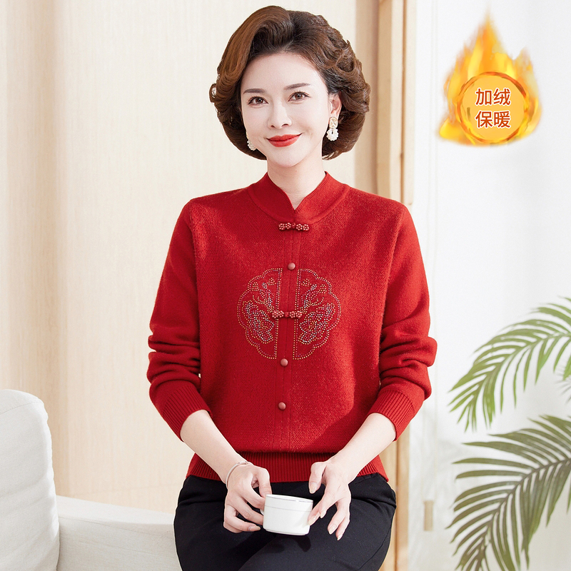 中老年妈妈装加绒加厚一体绒毛衣新中式上衣保暖打底衫长袖针织衫