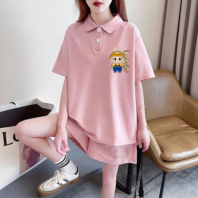 女童儿童POLO领短袖短裤套装夏季宽松粉色小猫休闲运动风穿搭童装