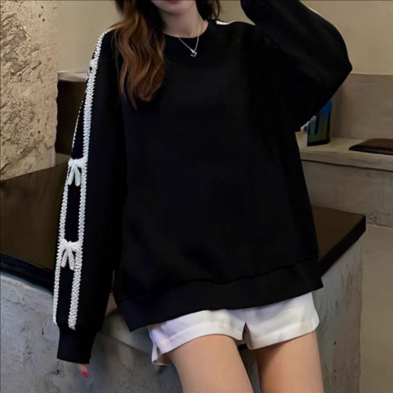 大码女装300斤胖MM韩版清新蝴蝶结圆领显瘦休闲卫衣7121