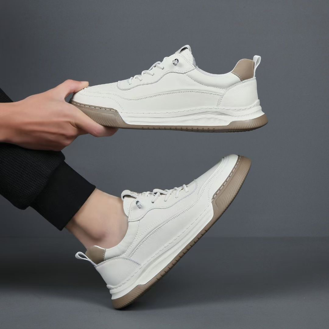 男士潮流套筒透气板鞋秋季小白男款秋季头层牛皮小白鞋鞋子休闲鞋