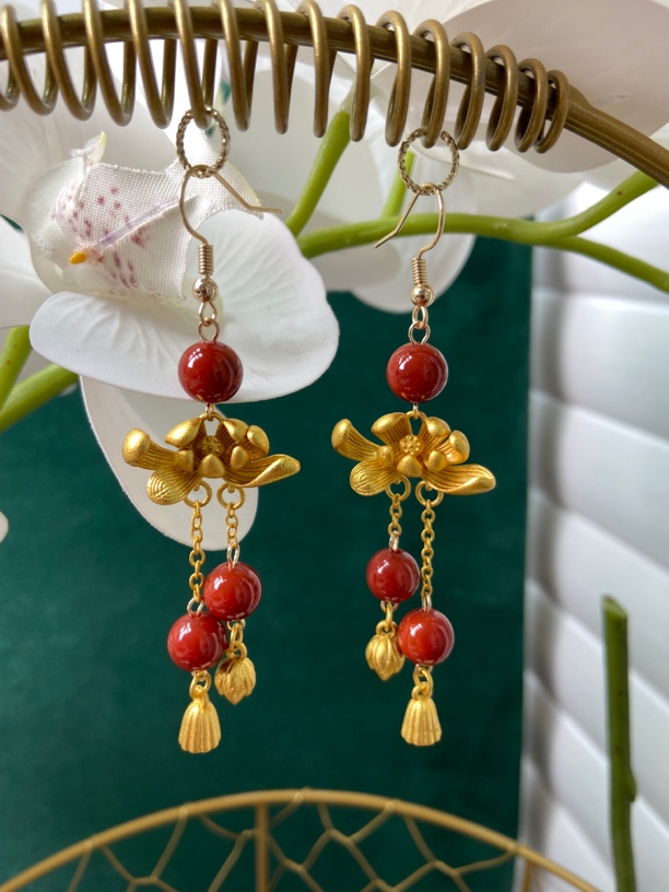 南红古风莲花流苏耳饰