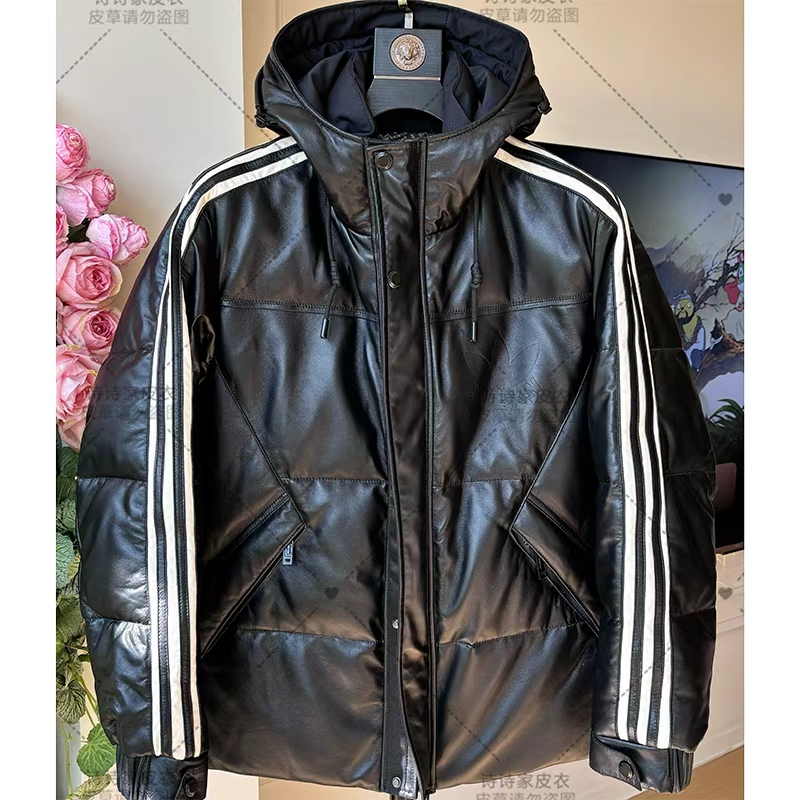 羊皮面包服3条白杠 真皮男士外套冬季连帽加厚保暖防寒服