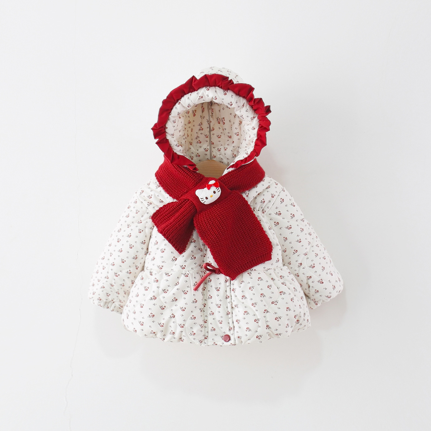 童装女童棉服冬季儿童女宝宝中长款碎花围巾连帽棉衣外套加厚加绒