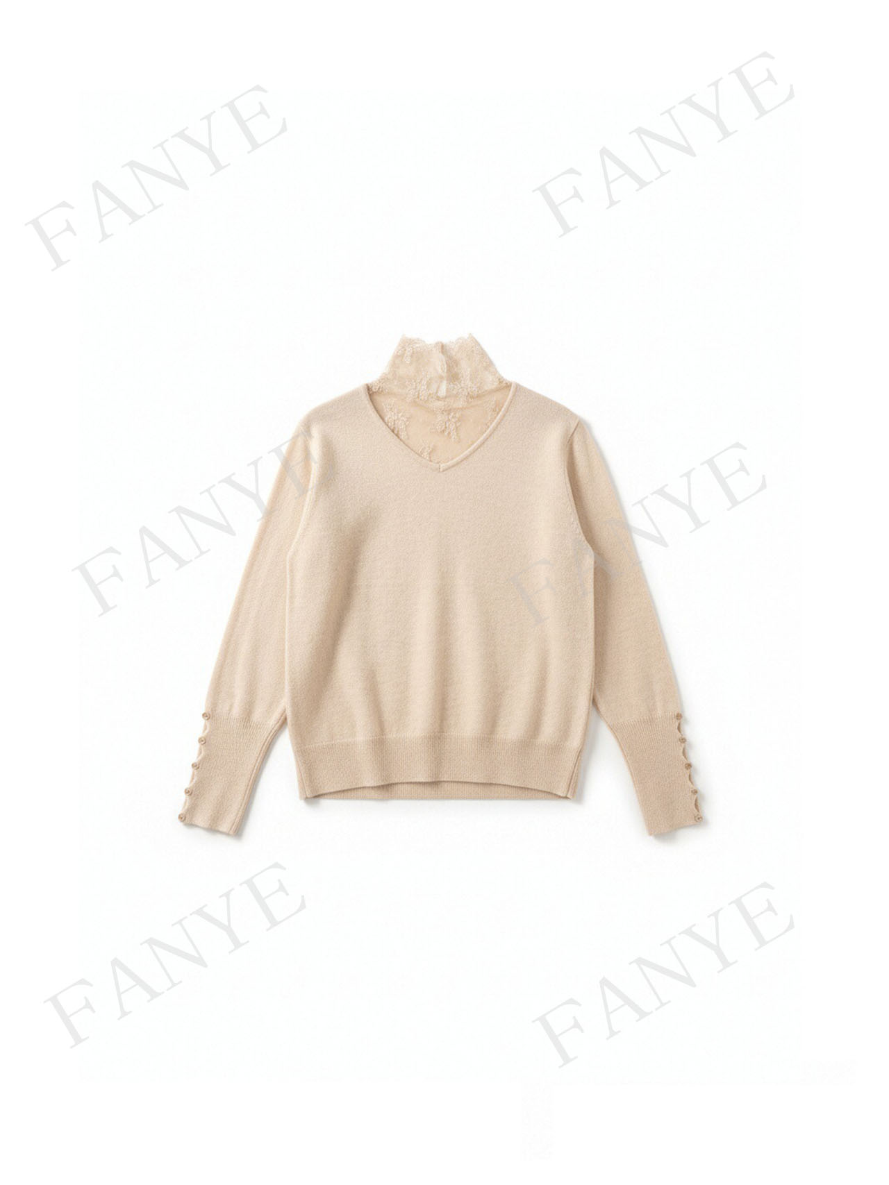 FANYE 2026早春新款设计感女人味V领山羊绒网纱打底针织衫50603