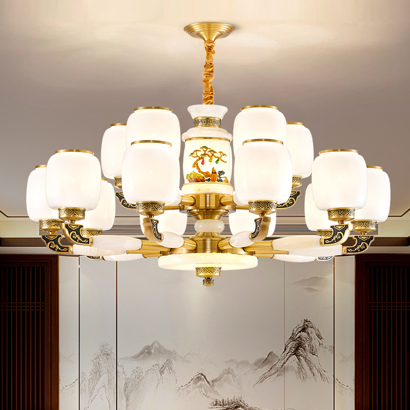 新中式全铜玉石客厅吊灯复古餐厅卧室灯别墅复式楼挑空大厅大灯具