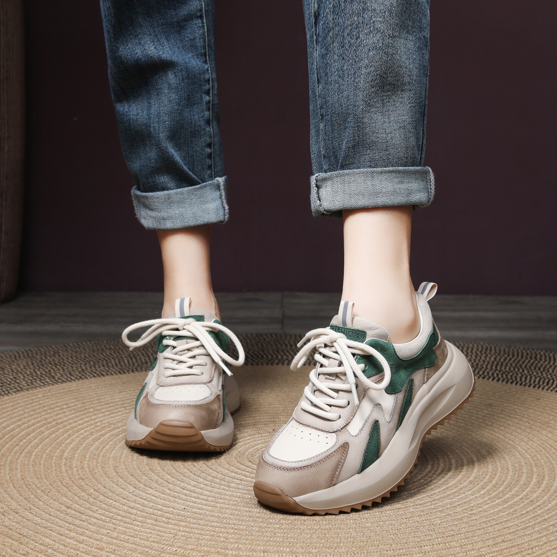 25005秋季新款头层牛皮复古休闲单鞋拼色老爹鞋女春秋