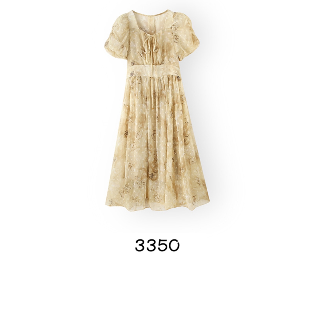 【艾丽莎定制】V领碎花泡泡袖茶歇裙新款法式气质修身提花长裙 3350