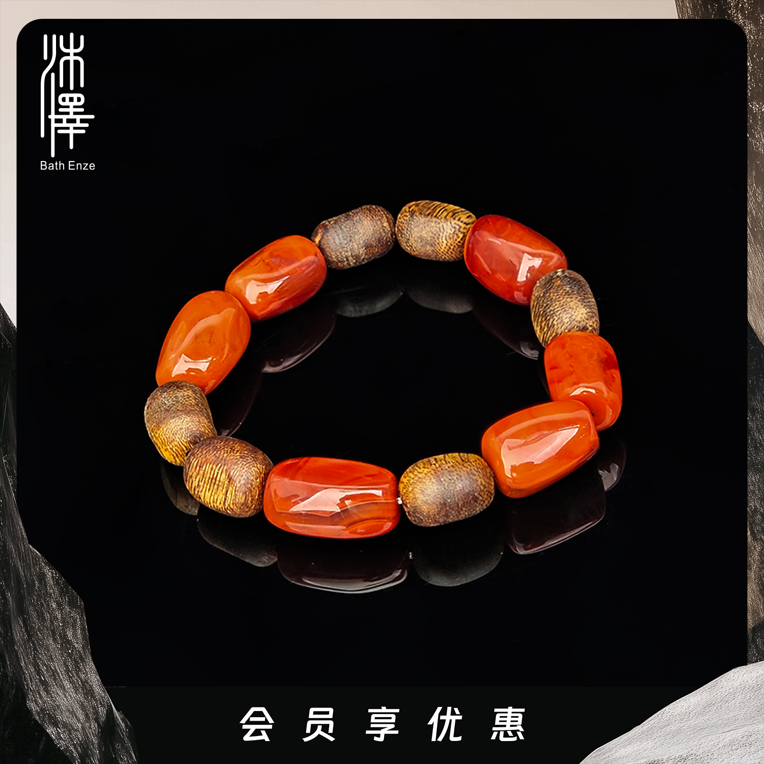 沐泽【盈香满福】牛血红南红玛瑙留疤纹沉香随形手串YC多样性发其一