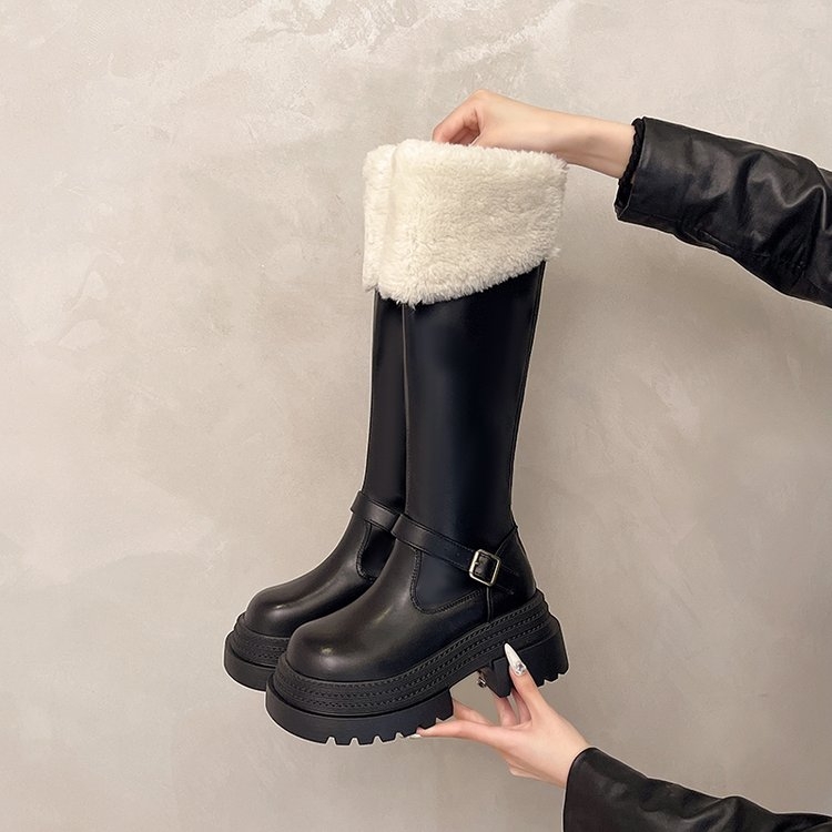 6cm加绒厚底过膝长筒靴皮带扣拼接骑士靴显瘦保暖高筒靴