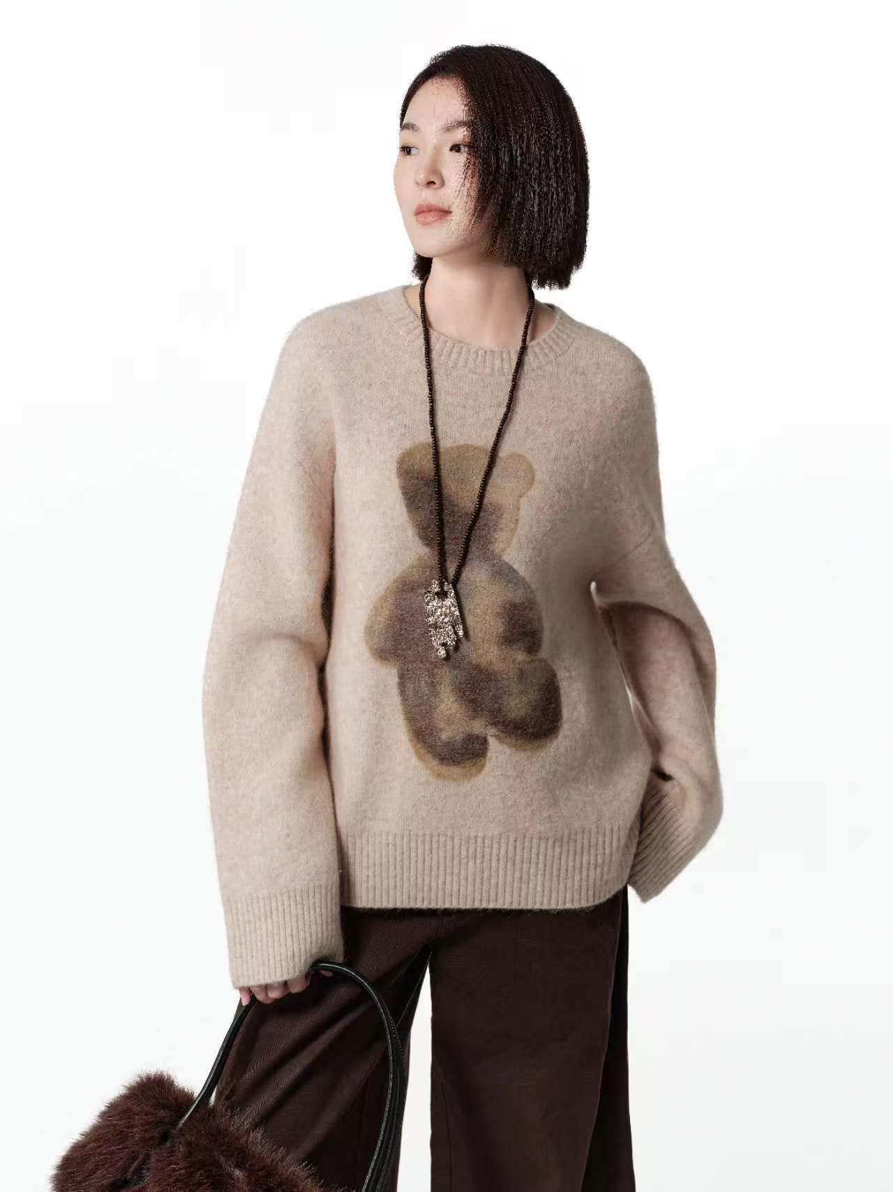 美大枷2025包袖套头宽松厚款女装针织毛针织衫套头圆领羊毛毛衣