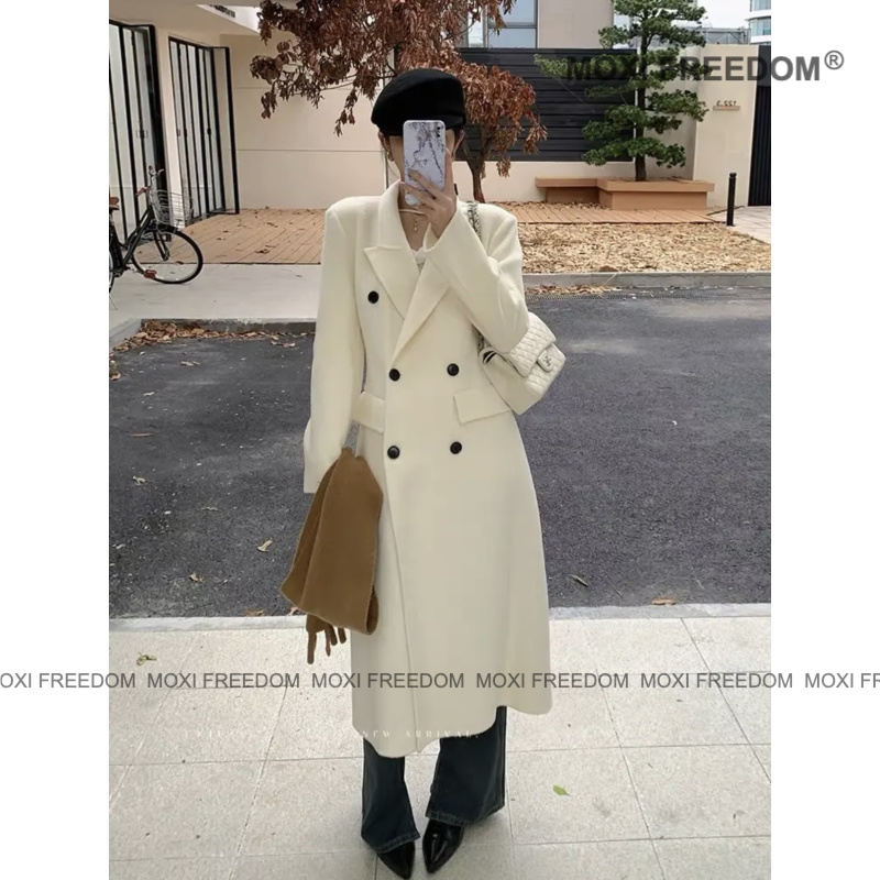 【小蛮腰】秋冬季反季正肩垫肩沙漏款修身双面羊毛长款宽松大衣外套