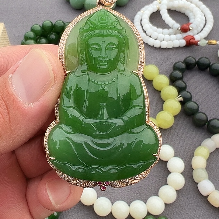 和田玉（碧玉）18K金镶嵌吊坠(不含链)