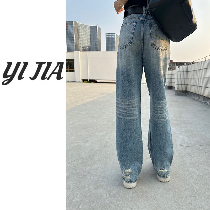 【壹家】 YJ7713 /复古蓝色破洞牛仔裤女 2025夏季新款设计感直筒裤