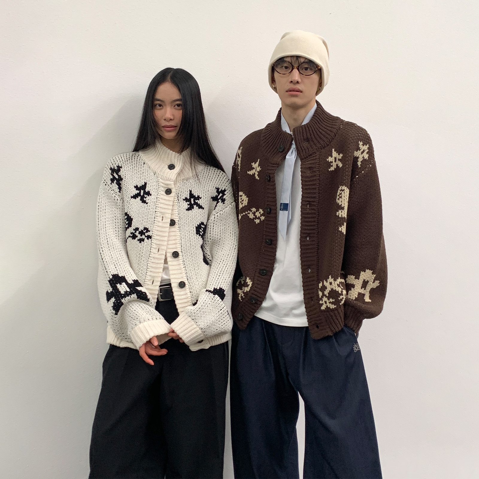 roaringwildaarch米白色/棕色粗针开衫针织衫秋冬毛衣欧若风外套