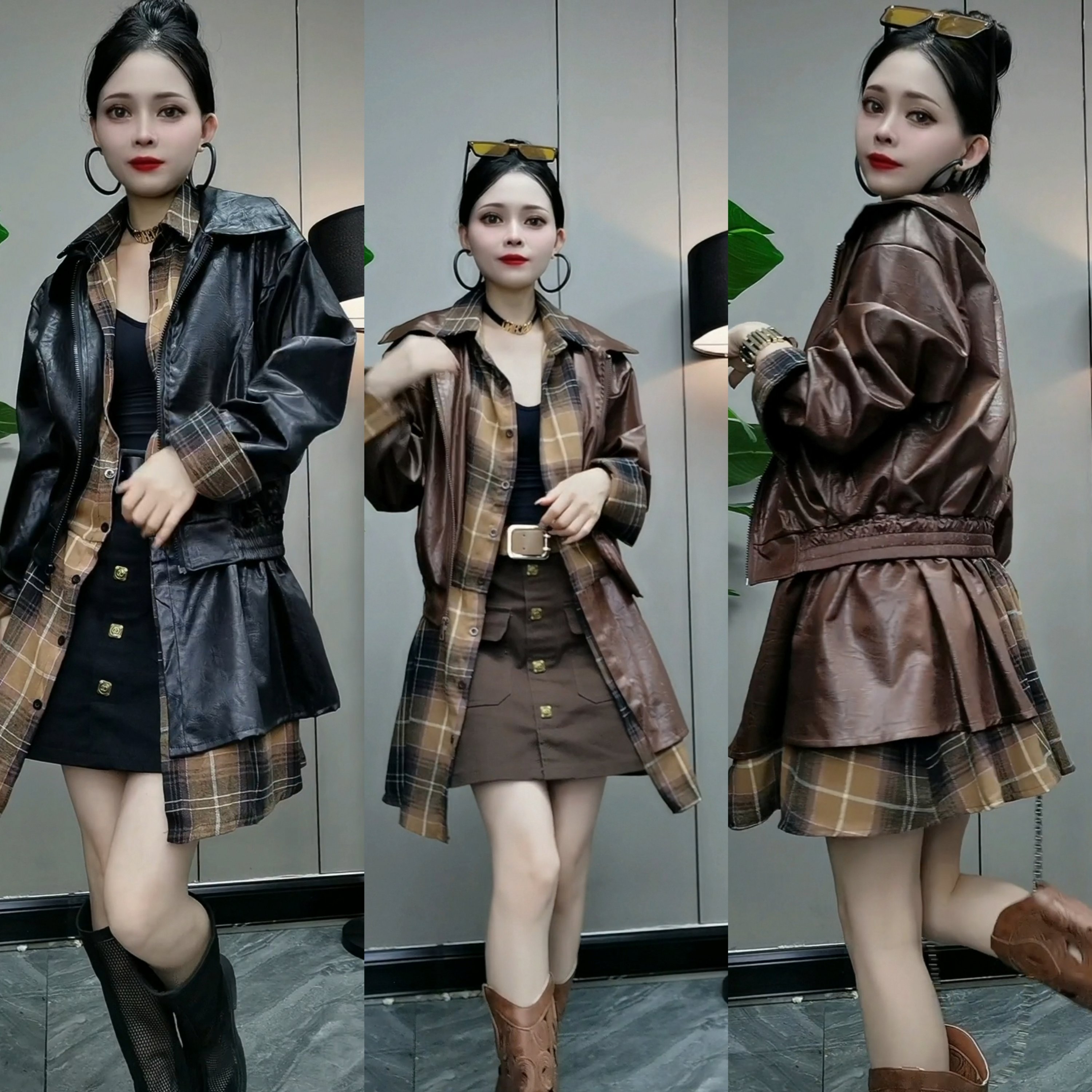 2560#zH新款时尚洋气小个子设计感小众假两件上衣拼接格子连衣裙