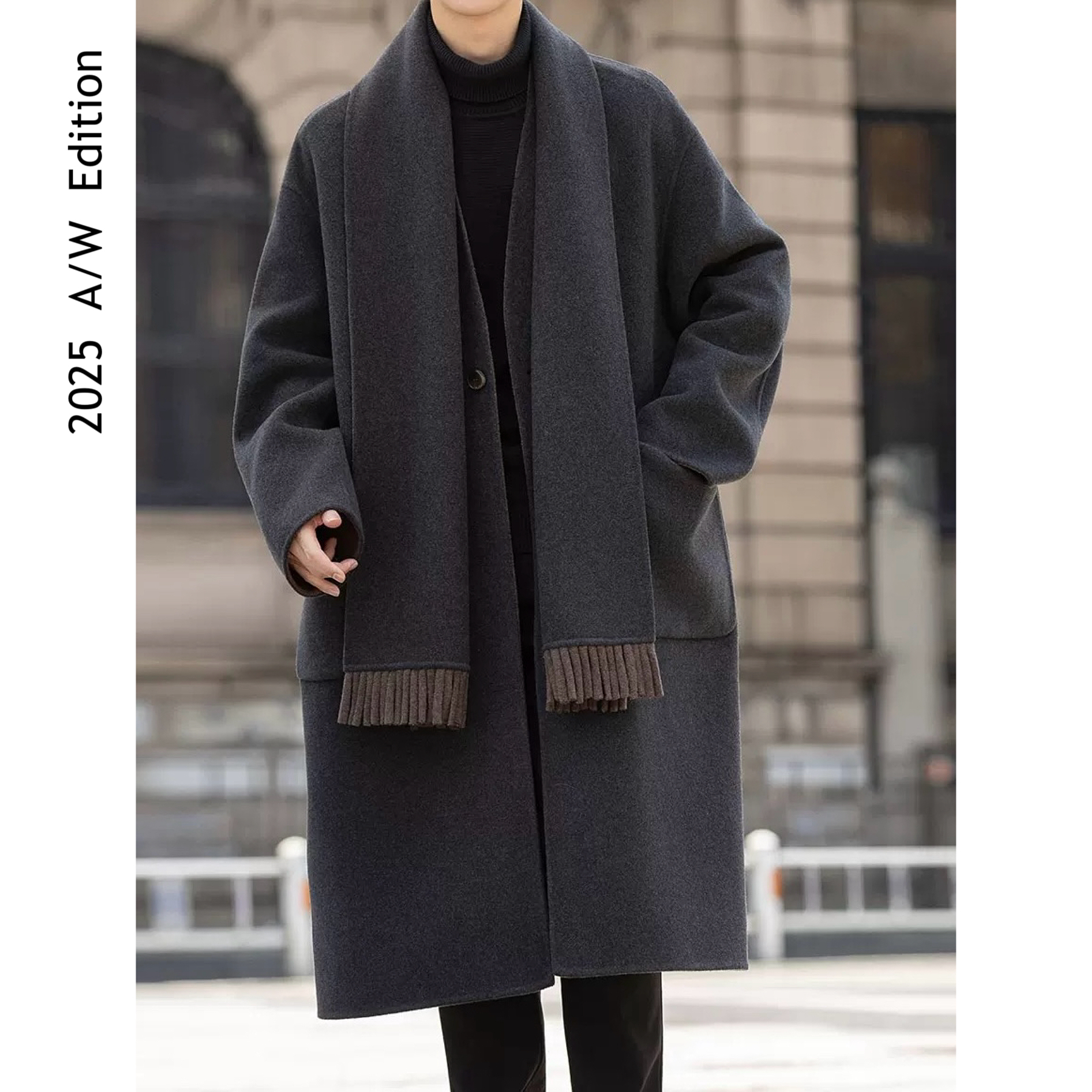 ARUI 2025 A/W 高端男中长款围巾羊毛大衣(两面穿）双面绒呢风衣